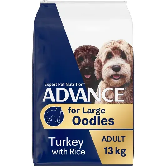 Bag of Advance dog food for large oodles; features a golden and dark brown doodle, says "Turkey with Rice".