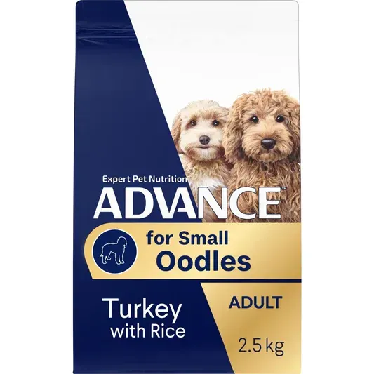 Dog food bag labeled "Advance for Small Oodles," featuring two small, curly-haired dogs; turkey with rice flavor.