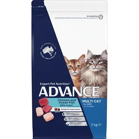 Bag of Advance cat food labeled "Multi Cat" with two cat faces, chicken and ocean fish.