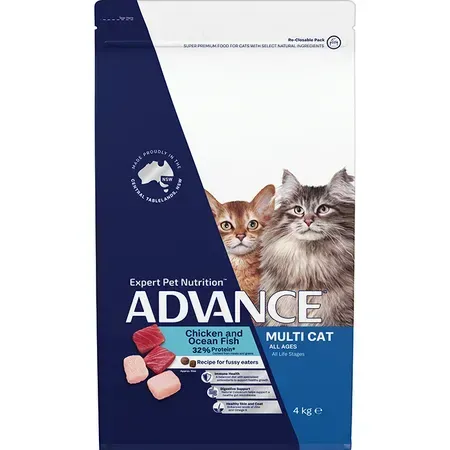 Bag of Advance Multi Cat food, showing two cats, the packaging labeled