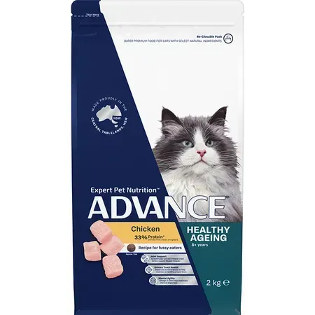 Bag of Advance cat food, featuring a cat's face and chicken pieces; labeled "Healthy Ageing."