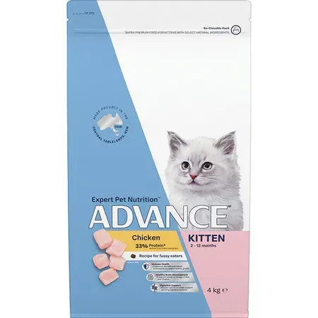 Bag of Advance Kitten food with a fluffy white kitten and chicken pieces on a blue and white background.