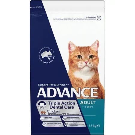 Bag of Advance Triple Action Dental Care cat food. Features an orange cat and blue and white packaging.
