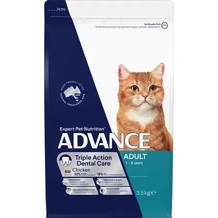 Bag of Advance Triple Action Dental Care cat food. Features an orange cat and blue and white packaging.