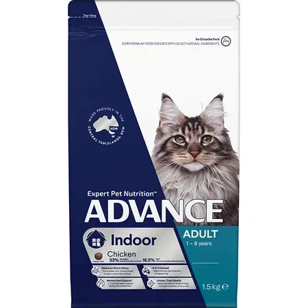 Bag of Advance Adult Indoor cat food; white and blue packaging with a Maine Coon cat and text.