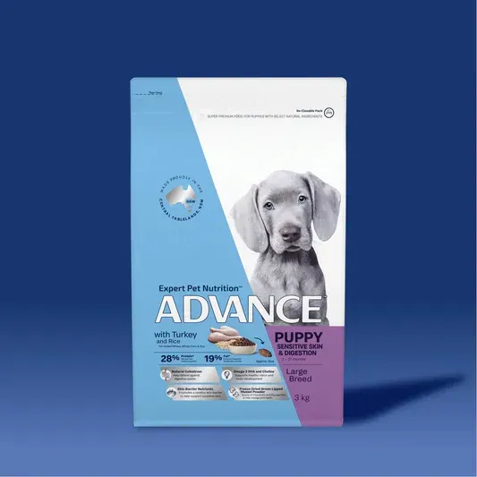 Bag of Advance puppy food with a grey puppy on the front. Blue and white packaging with salmon illustration.