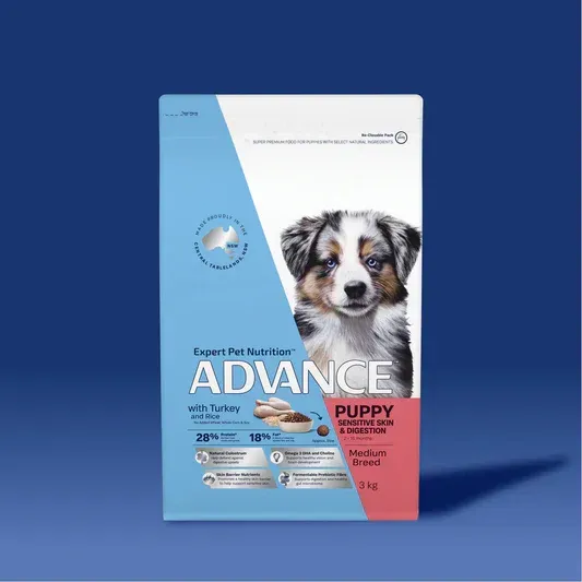 Dog food bag, Advance Puppy with turkey, showing a blue-eyed puppy, blue and white packaging.