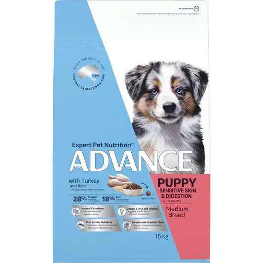 Dog food bag for puppies. The bag is primarily blue and white, featuring a puppy with blue eyes and text indicating "Turkey" flavor for sensitive skin.