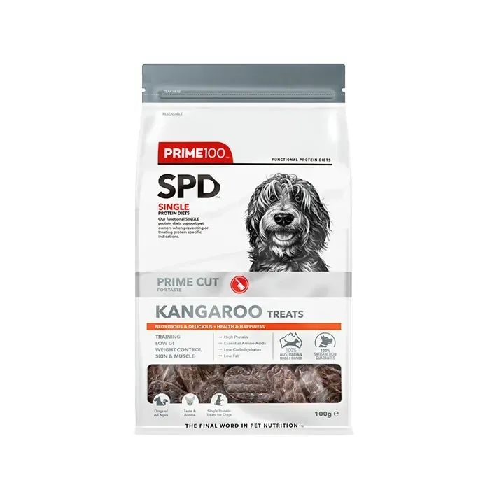 Bag of Prime 100 SPD Kangaroo Treats for dogs, with a dog's picture, and a white and orange label.