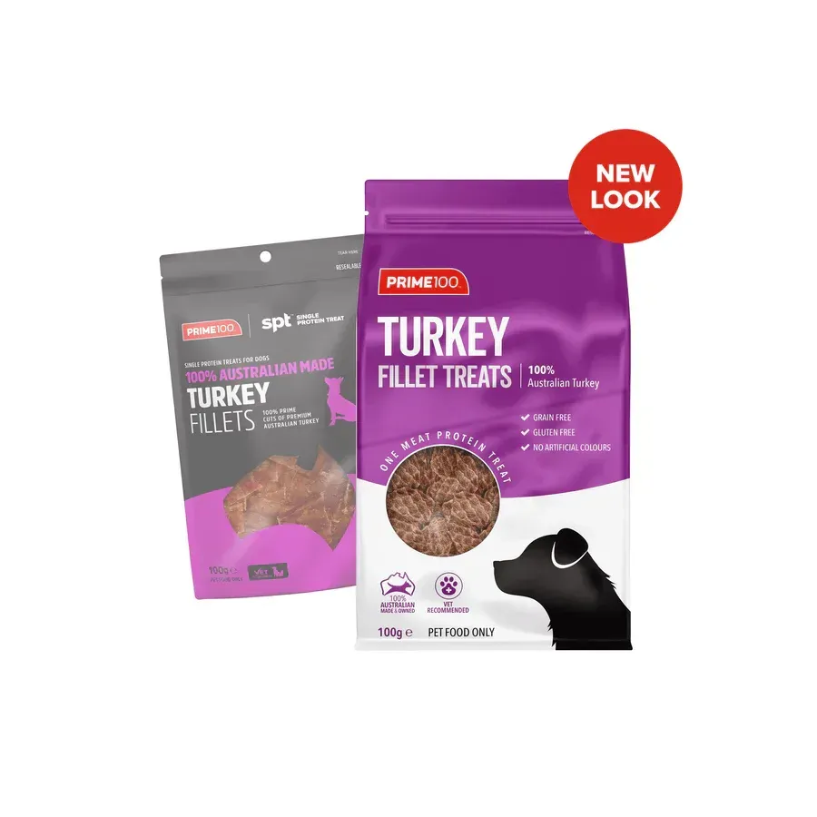 Two bags of PRIME100 Turkey Fillet Treats for dogs, one gray, one purple, with a "NEW LOOK" sticker.
