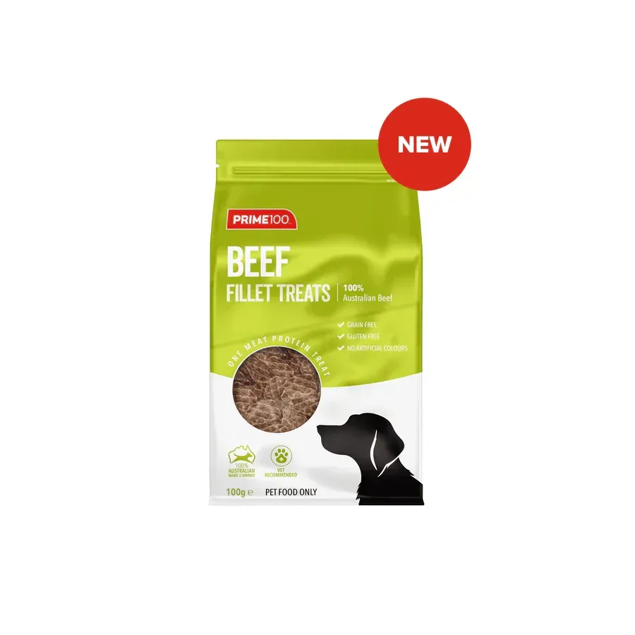 Bag of green dog treats labeled "Beef Fillet Treats" with a red "New" sticker and a silhouette of a dog.