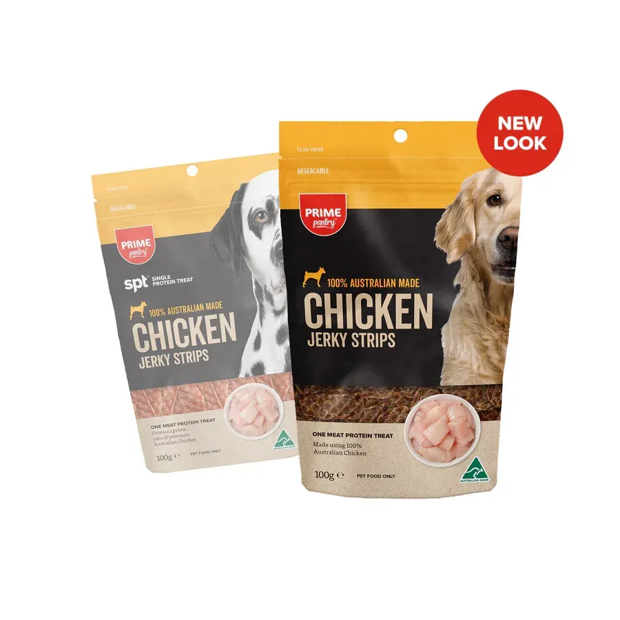 Two bags of Prime Cuts chicken jerky strips for dogs, one bag has a "NEW LOOK" sticker.