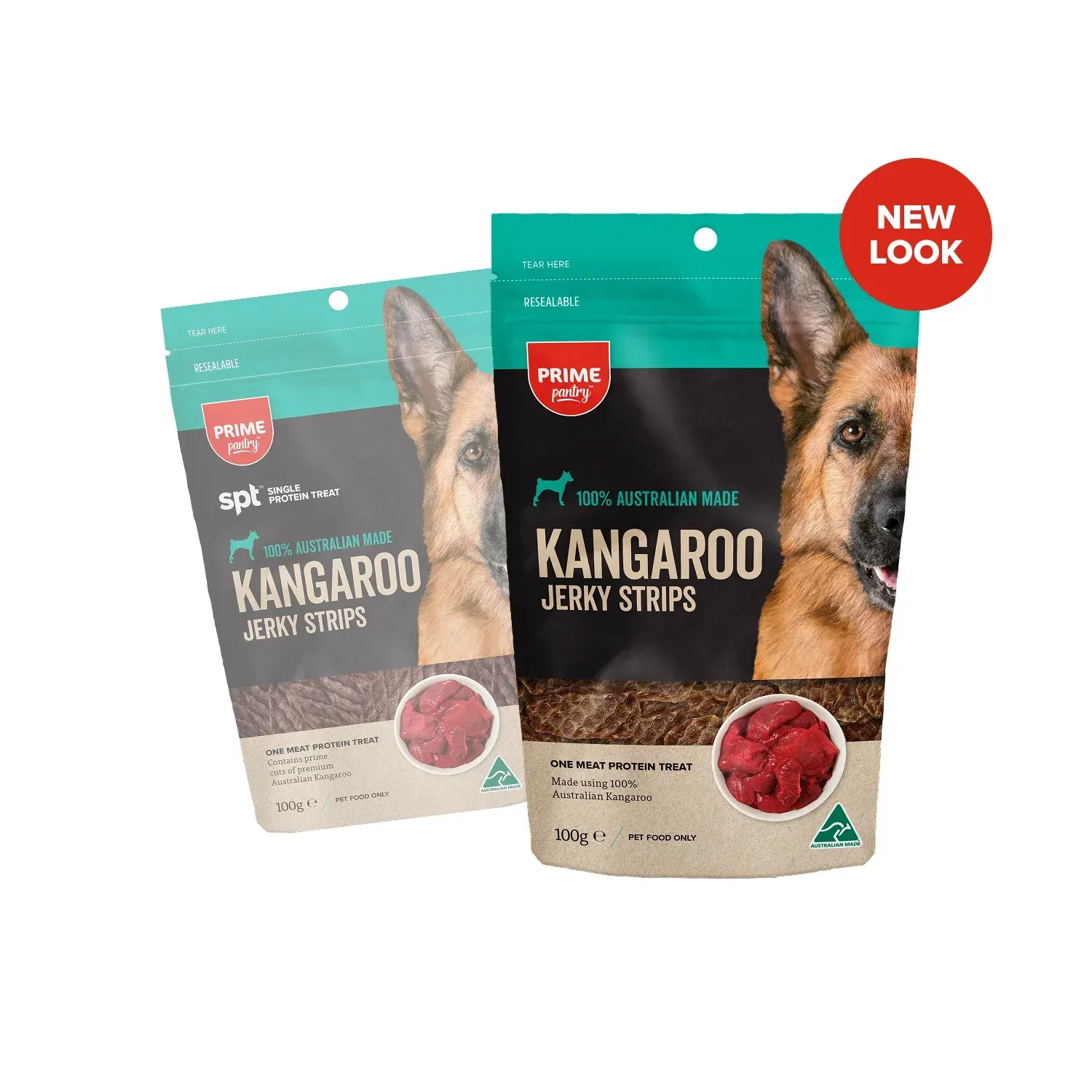 Two bags of Pro-life kangaroo jerky strips for dogs. The bags are green, black, and tan, with a German shepherd and a red "NEW LOOK" sticker.