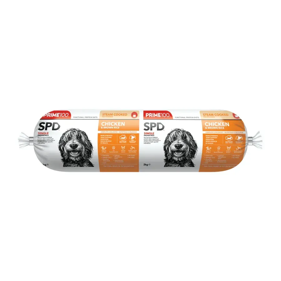 A long, white package of Primo SPD chicken dog food with a dog's face on the label.
