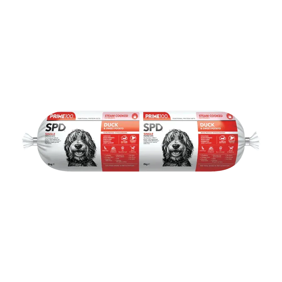 Dog food roll, packaged in white plastic, featuring a dog image and "SPD Duck" labeling.