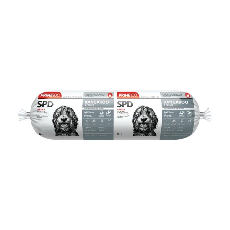 A long, white sausage-shaped package of dog food with a dog's face and the word "Kangaroo" printed on it.