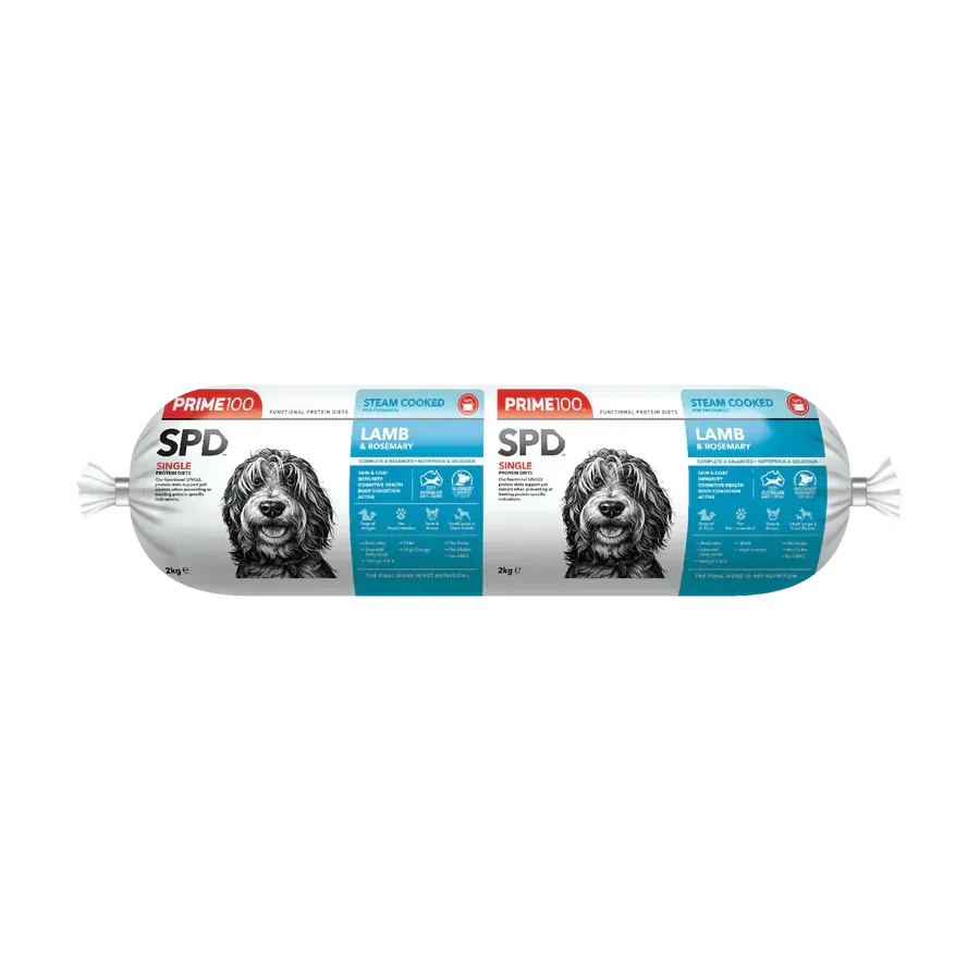Package of dog food labeled "SPD Lamb" with a dog portrait.