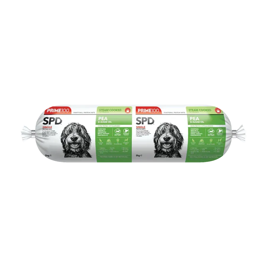 A long, cylindrical dog food roll with two labels featuring a smiling dog, the brand name "PrimeDog," and nutritional information.