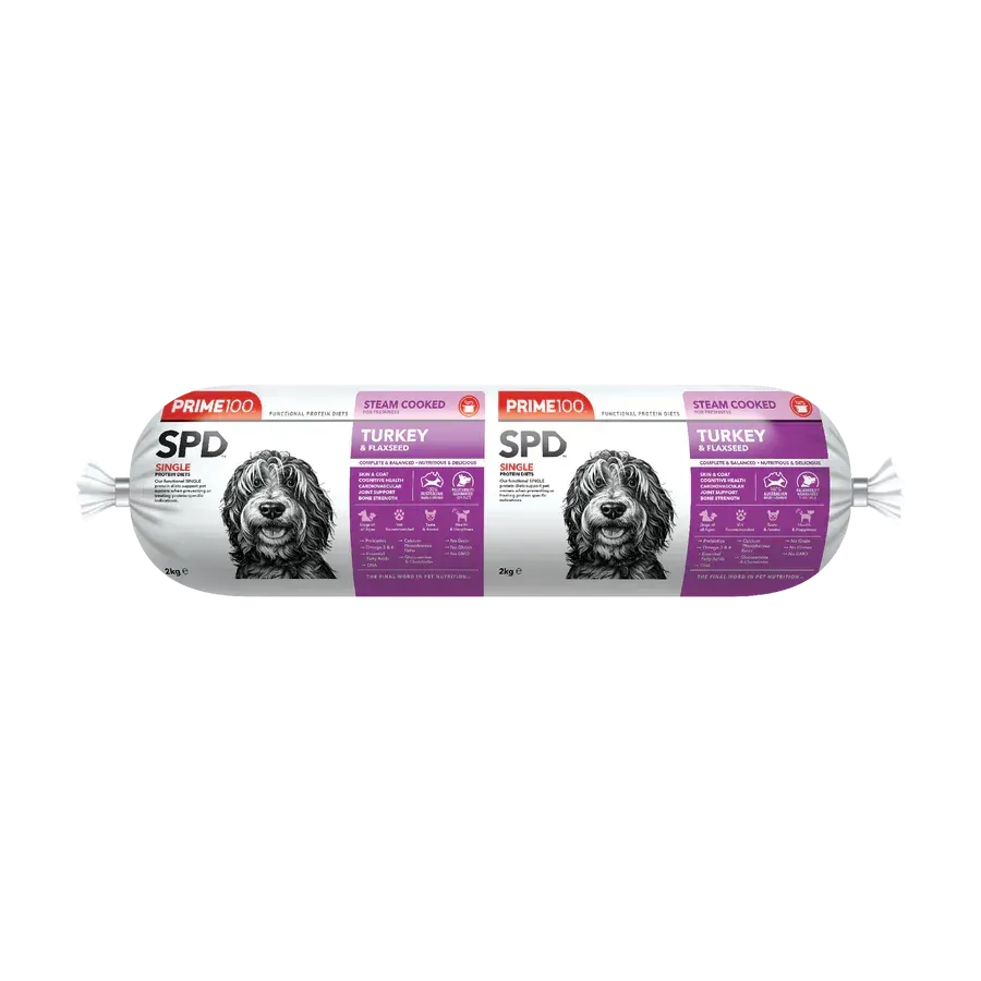 Log of frozen dog food with a dog on the label; text says