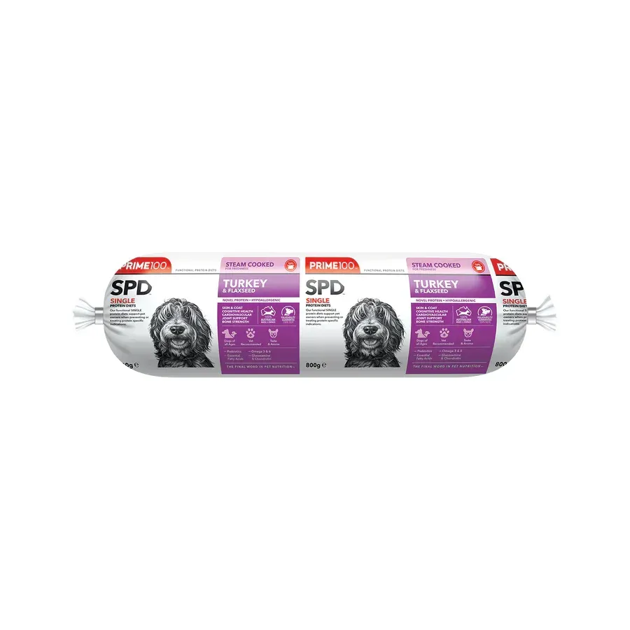 Log of frozen dog food with a dog on the label; text says "Turkey."