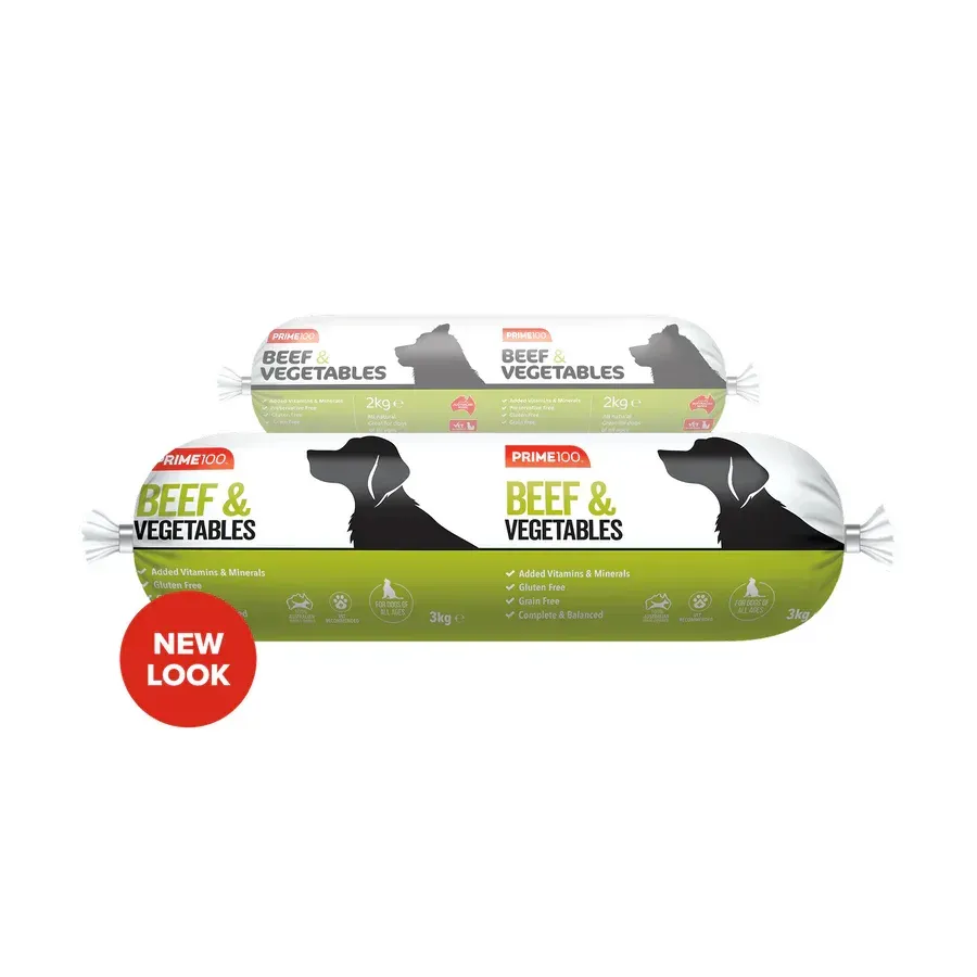 Two rolls of dog food labeled