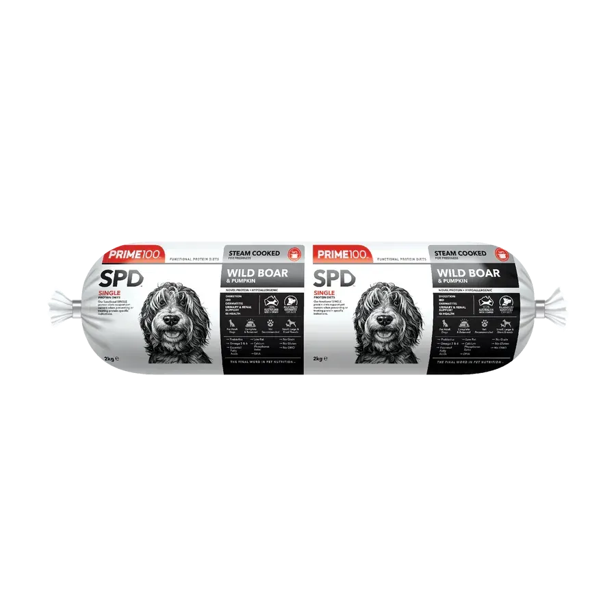 A long, cylindrical package of Prime SPD dog food, featuring a photo of a dog and the text "Wild Boar".