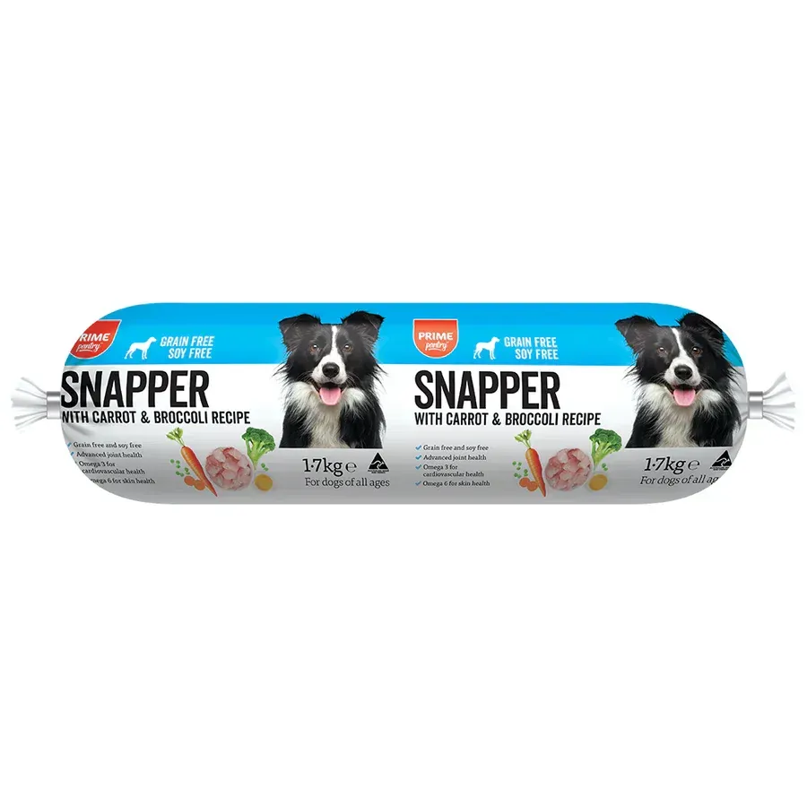 Two cylindrical packages of dog food, "Snapper," feature a Border Collie and recipe details on a white and blue background.