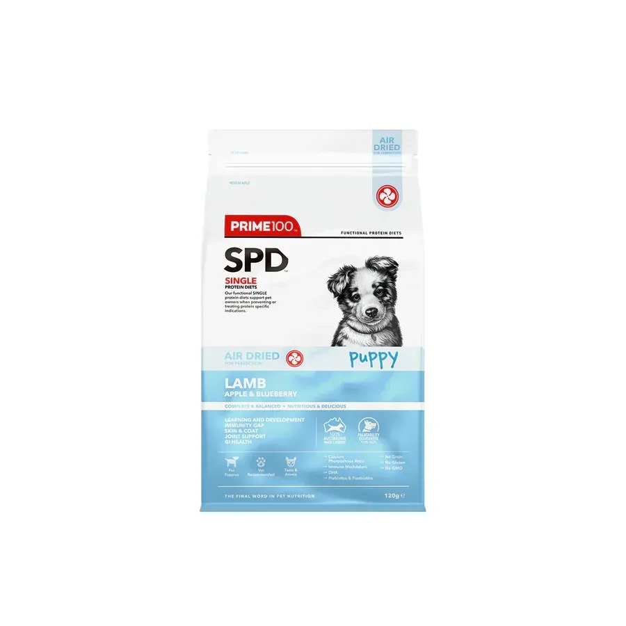 Bag of Prime100 SPD Single lamb and rosemary puppy food. Features a puppy and blue and white packaging.