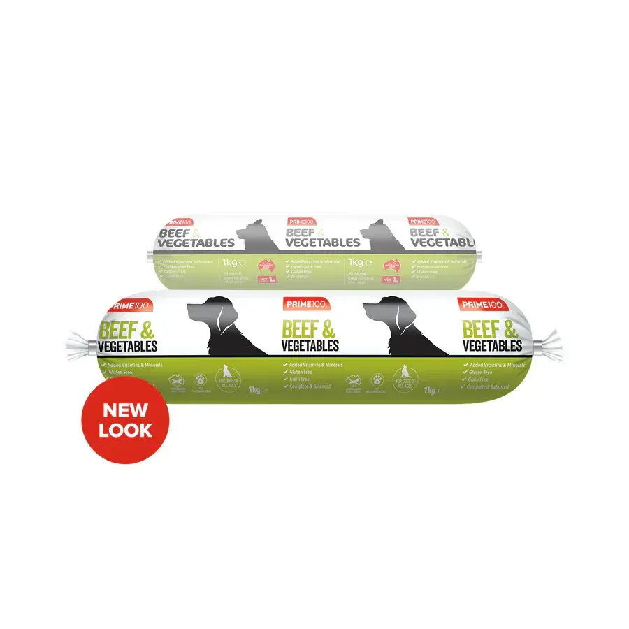 Two rolls of dog food labeled "Beef & Vegetables" with a dog silhouette and a "New Look" sticker.