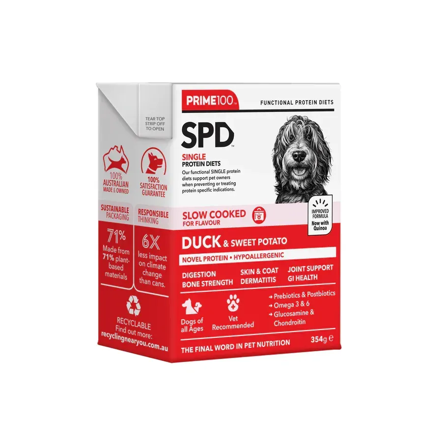A box of Prime100 dog food, Duck & Sweet Potato flavor, featuring a dog image. Contains health benefits.