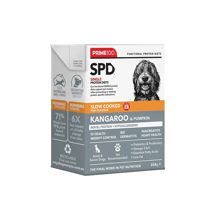 Box of Prime100 SPD Kangaroo & Pumpkin dog food, with a picture of a happy dog and nutritional information.