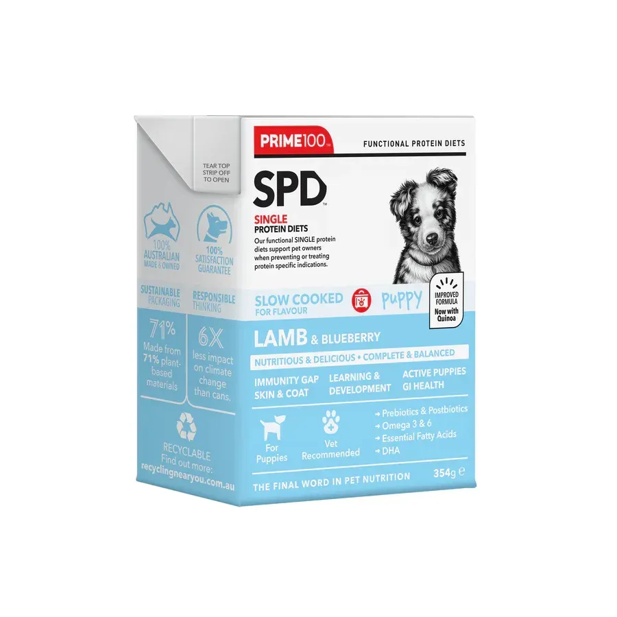 Box of Prime100 SPD puppy food, featuring lamb and blueberry, with a puppy image and nutritional details.