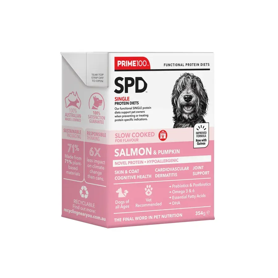Pink and white Prime100 SPD dog food box featuring a Cocker Spaniel, with "Salmon & Pumpkin" label.