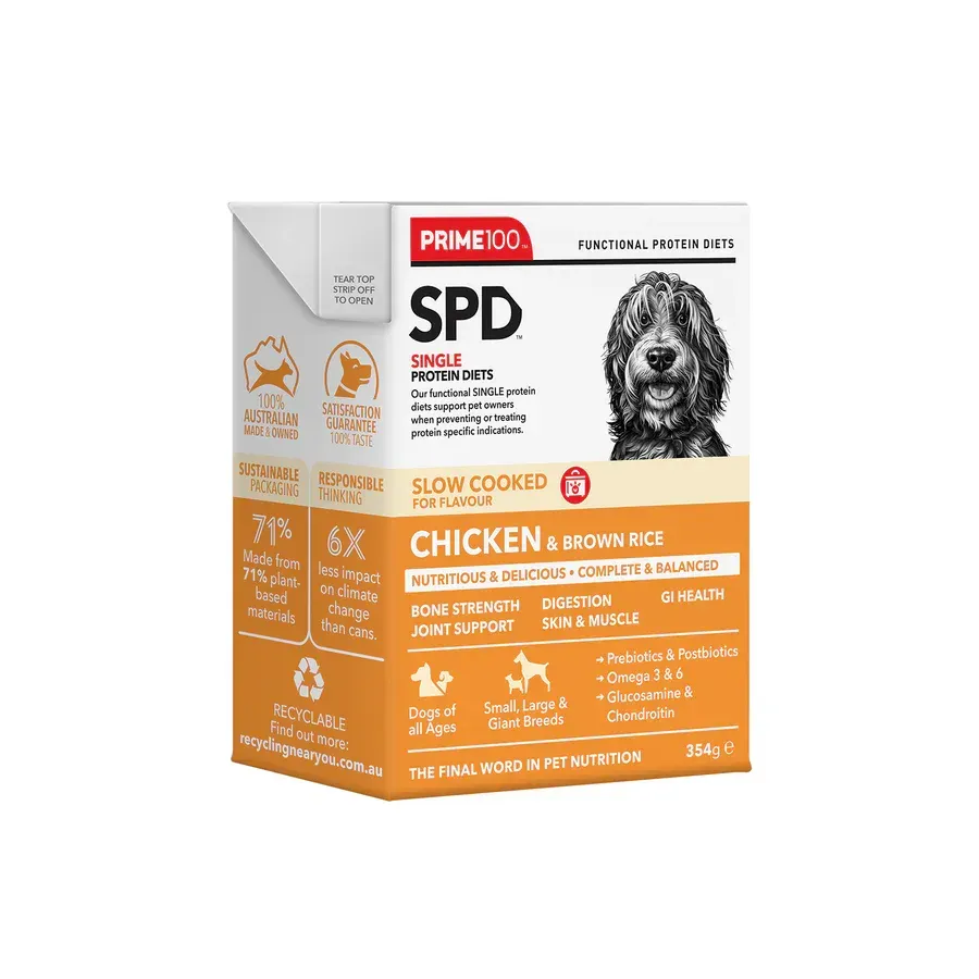 Box of Prime100 SPD dog food: Chicken & Brown Rice flavor. Features a dog illustration and nutritional benefits listed on the packaging.