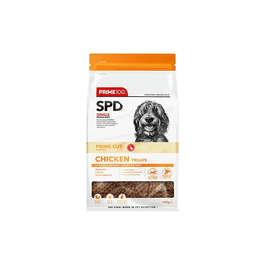 Bag of Prime100 SPD Single protein dog treats, chicken flavor, with a dog on the packaging.