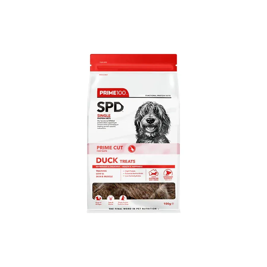 Bag of PrimeDog SPD Single Duck Treats featuring a dog's face and the product name on a white and red package.