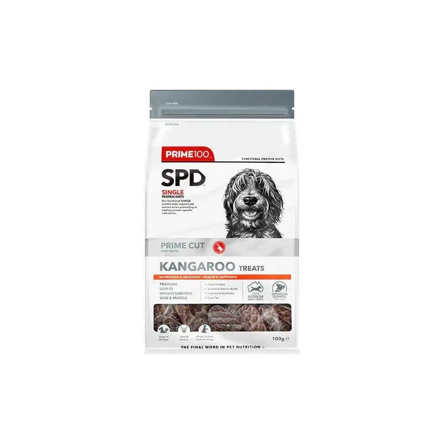 Bag of Prime 100 SPD Kangaroo Freeze Dried dog treats. The bag shows a dog and contains the freeze-dried treats.