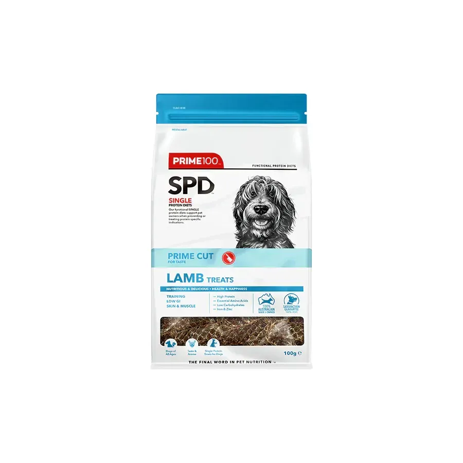 Bag of Prime100 SPD Lamb Treats for dogs, with a photo of a dog on the front.