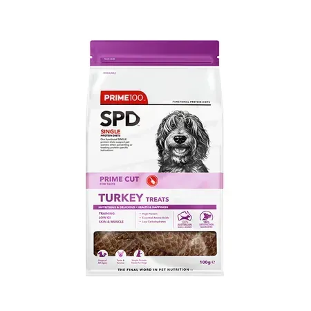 A bag of Prime100 SPD Single Turkey Treats for dogs. The bag features a dog's portrait, and the treats are visible at the bottom.