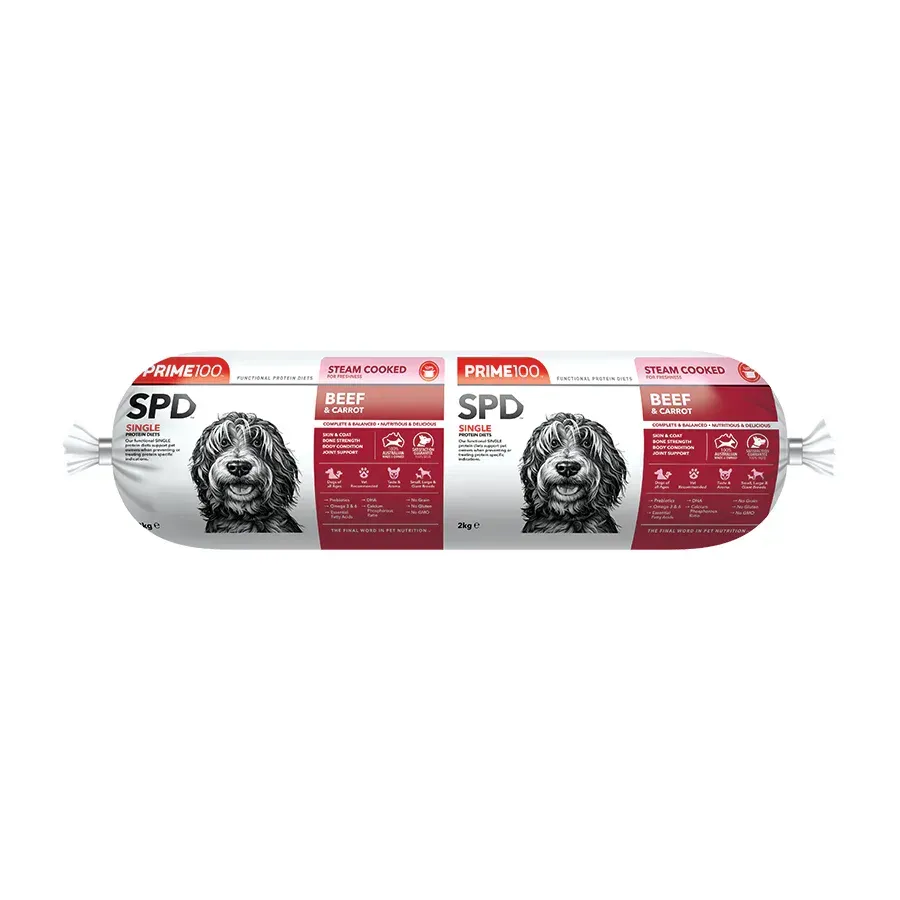 A cylindrical package of dog food, labeled "SPD" and "RRP," featuring a dog's face on a white background with red accents.