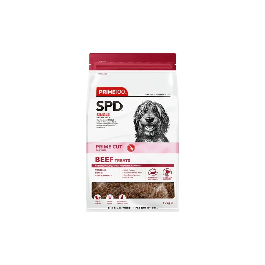 Bag of Prime 100 SPD Single Beef Treats with a dog illustration and beef jerky pieces visible.