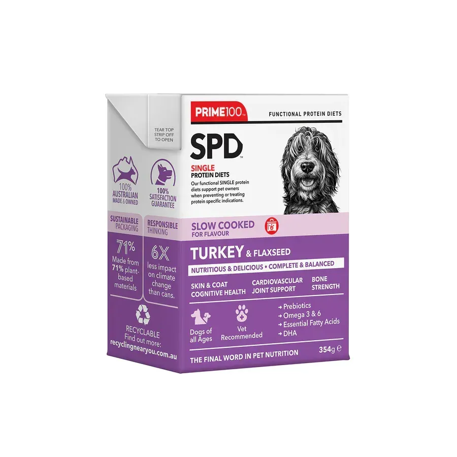 Box of PRIME100 SPD slow-cooked dog food. Featuring turkey & rice flavor, a dog's portrait, and product information in purple and white.