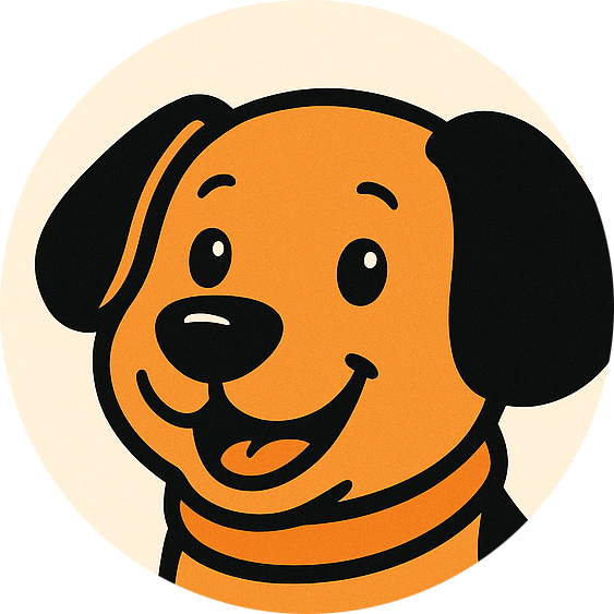 Smiling cartoon dog with orange fur, black ears, and a black collar against a beige background.