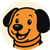 Smiling cartoon dog with orange fur, black ears, and a black collar against a beige background.