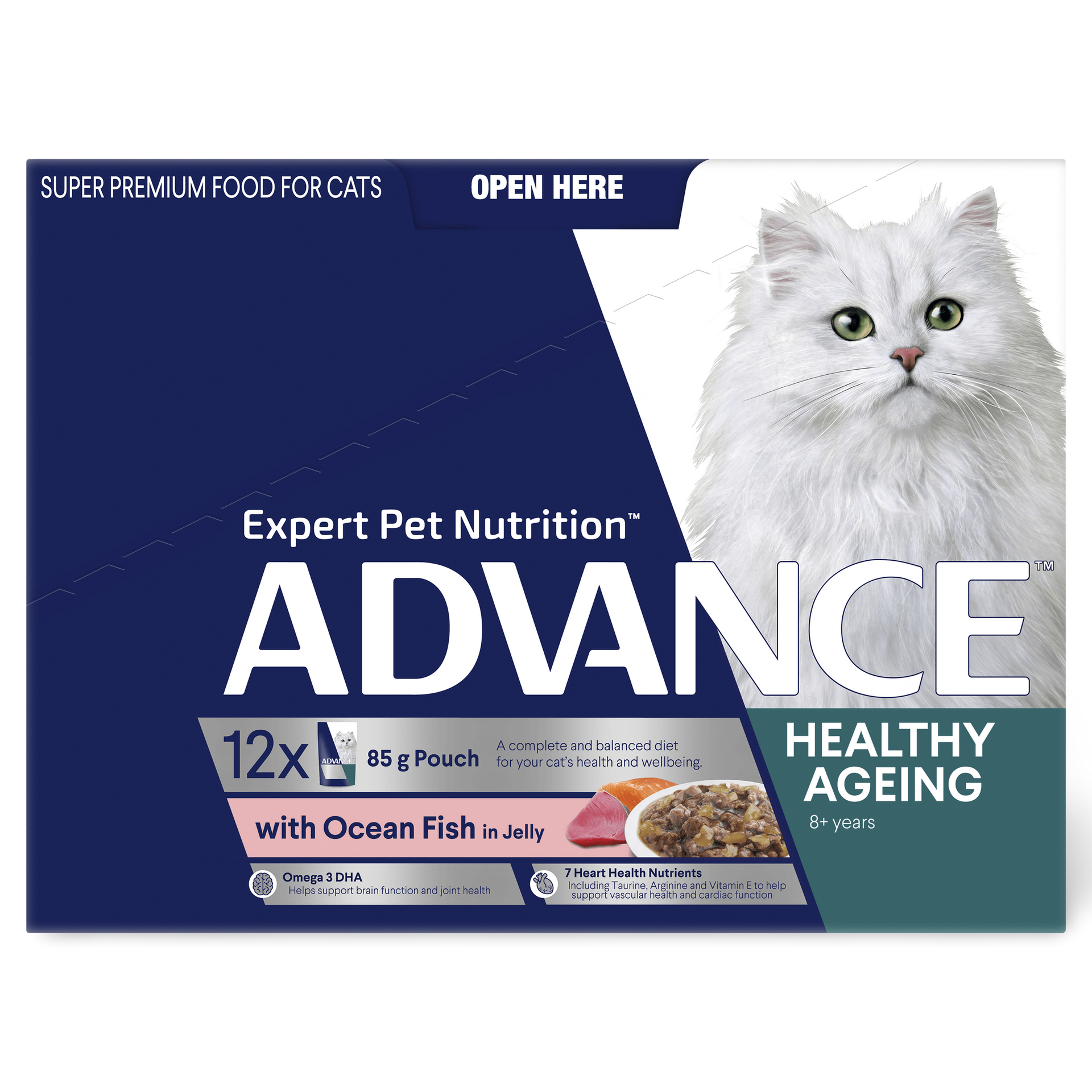 Box of Advance cat food, "Healthy Ageing" with a white cat on the front. It says "Ocean Fish".
