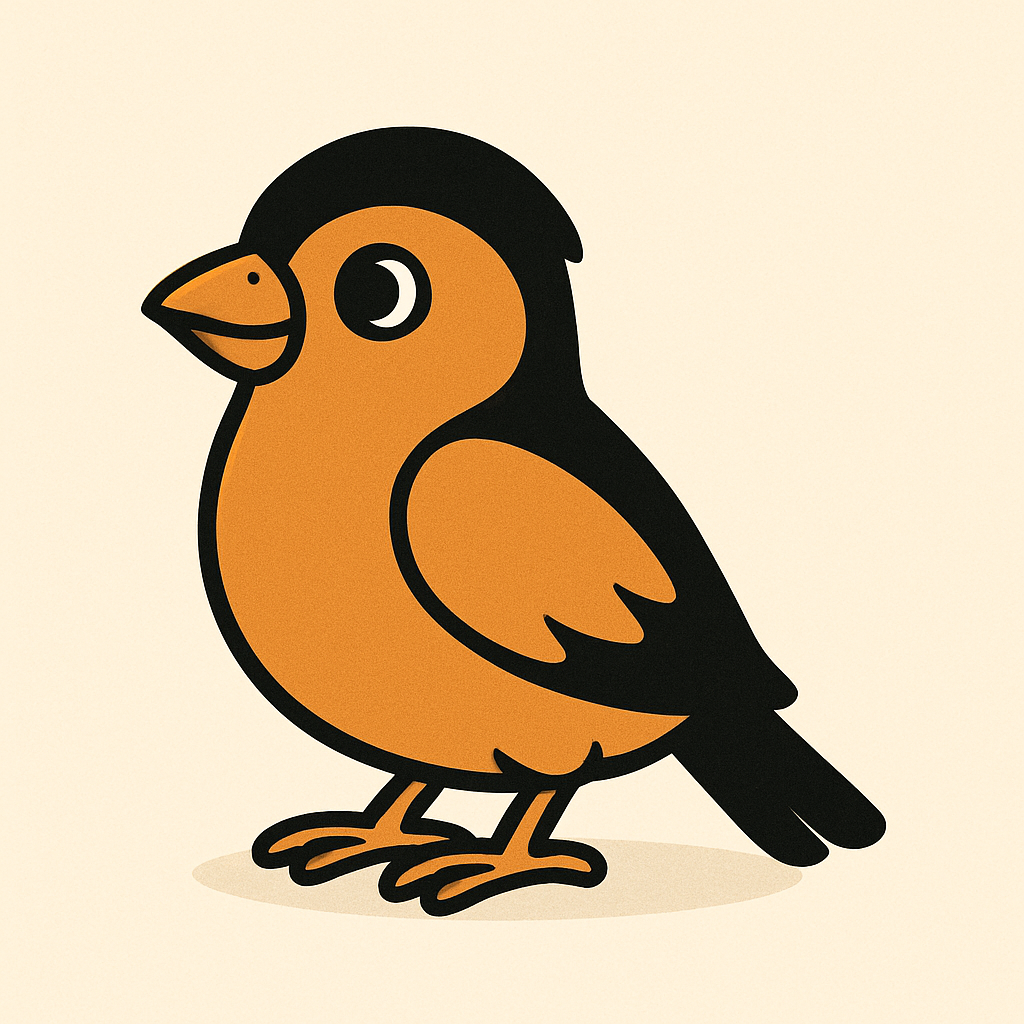 Cartoon bird with orange body, black head and wings, and yellow legs, perched on a cream background.