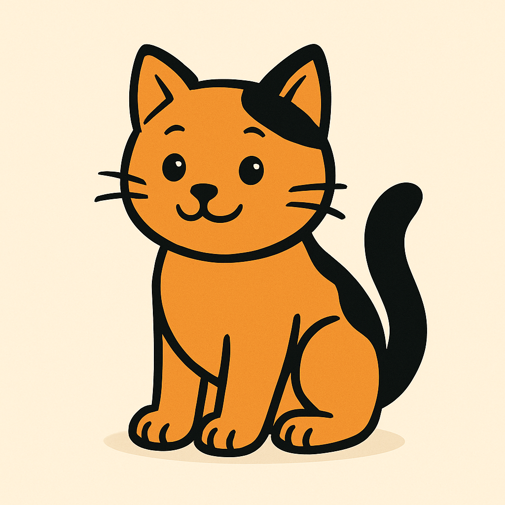Orange and black cartoon cat sitting, with a happy expression.