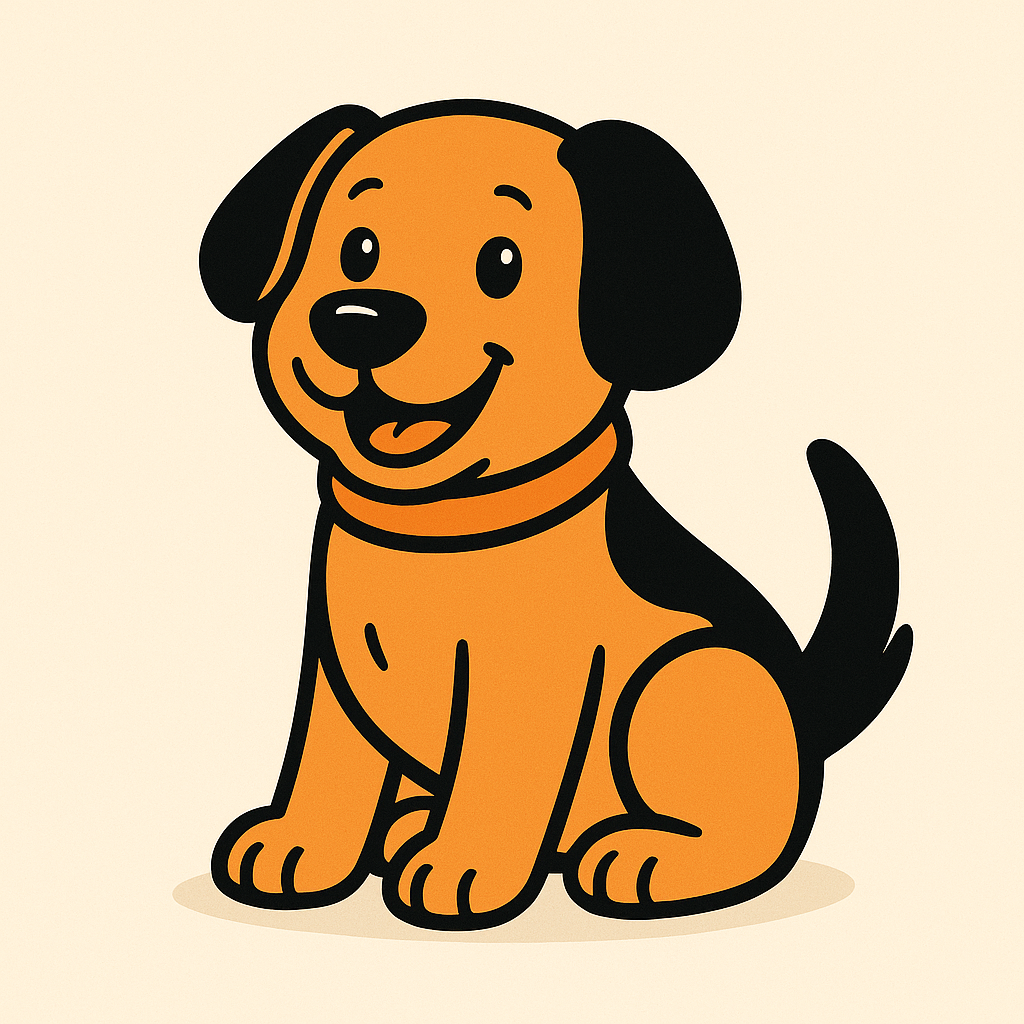 Cartoon dog with orange body, black ears and back, smiling happily, wearing a collar.