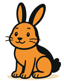Orange and black cartoon rabbit sitting with a smiling expression.