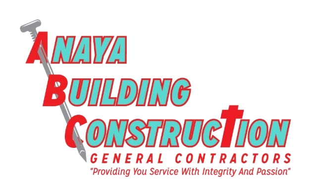 Logo for Anaya Building Construction, red and teal text with a nail through the letters.